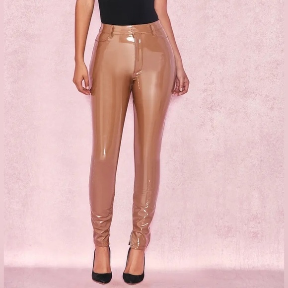 House of CB Pants - House of CB London Tan Brown Patent Faux Leather High Rise Pants SIZE MEDIUM